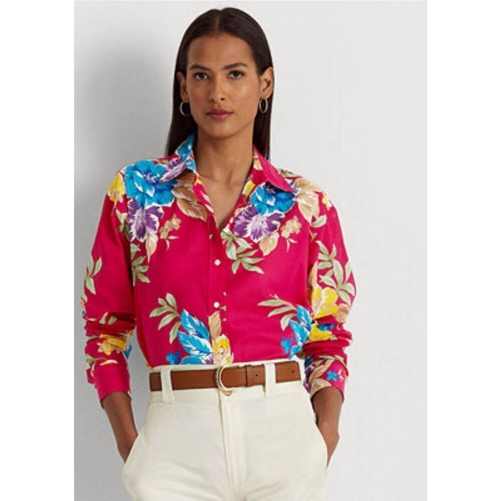 Lauren Ralph Lauren Shirt Blouse Womens Small Cotton Voile Tropical Floral Cruis